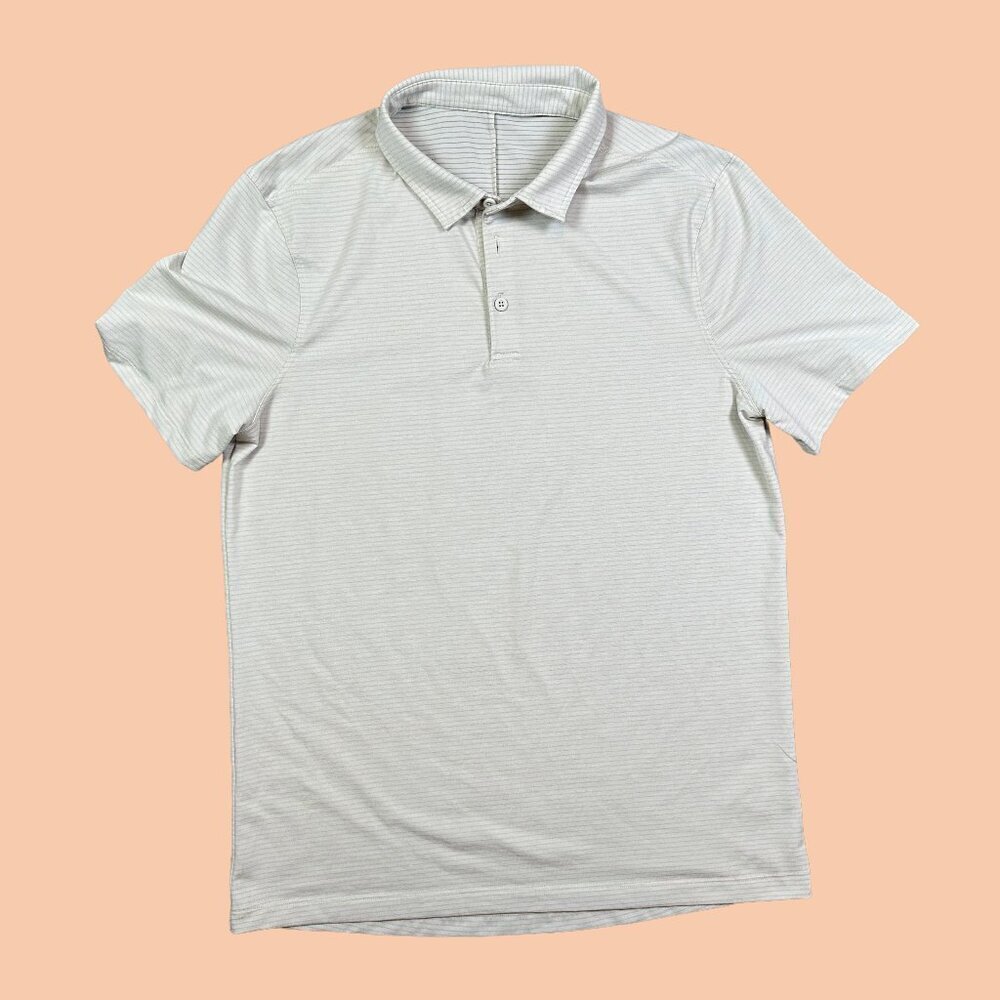 Lululemon Men's White Gray Striped Polo Shirt Est Size Medium